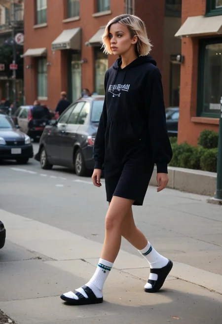 scksnsndls, birksonsocks, gwen_stacy, solo, outdoor, city, standing, socks, full_body, realistic, dunamic_pose, walking