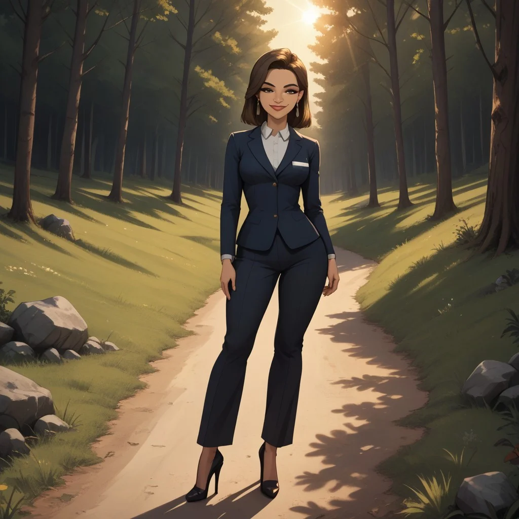 score_9, score_8, BREAK, solo, brown hair, brown eyes, brown eyeshadow, makeup, lipstick, mole under mouth, earrings, black office uniform, white shirt underneath, black pants, black high heels, breasts, Amelie_(Disventure_Camp), sexy pose, self portrait, smile, looking at viewer, outdoors, sunlight, shadows, evening lighting, natural lighting, forest, trees, grass, orange sky, sunset