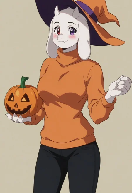 score_9_up, score_8_up, score_7_up, Toriel, simple background, fluffy, looking at viewer, solo heterocromia, purple eye, red eye, blushing, smiling, anime screencap, retro anime style, orange sweater, holding pumpkin, happy, decorations, halloween, black pants, witch's hat
