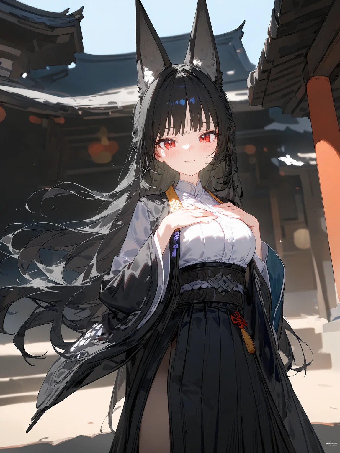 illustration, incredibly absurdres, ultra detailed, masterpiece, best quality, perfect features, intricate details, ray tracing, very aesthetic, shuri \(84k\), ATDAN, artist:chen bin, (ningen mame:0.95), (wlop:0.91), (sarcophage:1.05), (tsubasa tsubasa:1.05), modare, hiten \(hitenkei\), [<lora:XL-detailed_notrigger:0.95>::0.5], [:<lora:XL-aesthetic_anime:1.2>:0.5], <lora:Char-ZZZ-Hoshimi_Miyabi-V1-SDXL:1>,  1girl, hoshimi miyabi, solo, kimono, obi, sash, tabi, standing, cowboy shot, hands on own chest, light smile, east asian architecture, outdoors, blurry background, masterpiece