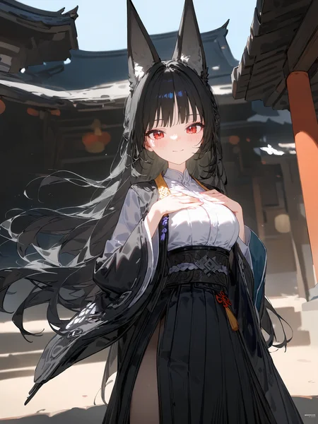 illustration, incredibly absurdres, ultra detailed, masterpiece, best quality, perfect features, intricate details, ray tracing, very aesthetic, shuri \(84k\), ATDAN, artist:chen bin, (ningen mame:0.95), (wlop:0.91), (sarcophage:1.05), (tsubasa tsubasa:1.05), modare, hiten \(hitenkei\), [<lora:XL-detailed_notrigger:0.95>::0.5], [:<lora:XL-aesthetic_anime:1.2>:0.5], <lora:Char-ZZZ-Hoshimi_Miyabi-V1-SDXL:1>,  1girl, hoshimi miyabi, solo, kimono, obi, sash, tabi, standing, cowboy shot, hands on own chest, light smile, east asian architecture, outdoors, blurry background, masterpiece