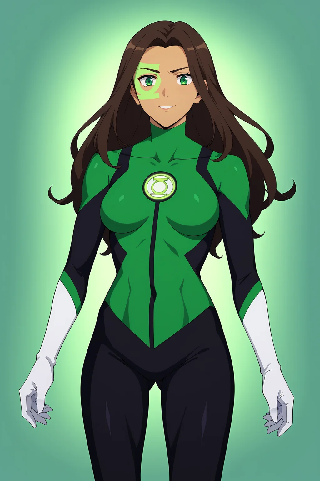 score_9, score_8_up, score_7_up, source anime, prefect lighting, very aesthetic, BREAK,
<lora:jessica_cruz_v1-pdv6:0.9>, 1girl, green lantern, green eyes, brown hair, long hair, dark skin, facepaint, medium breasts,
supcruz, superhero, black bodysuit, green bodysuit, white gloves, white footwear,
BREAK, looking at viewer, light smile, (close-up:1.3),
BREAK,