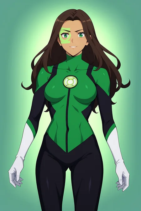 score_9, score_8_up, score_7_up, source anime, prefect lighting, very aesthetic, BREAK,
<lora:jessica_cruz_v1-pdv6:0.9>, 1girl, green lantern, green eyes, brown hair, long hair, dark skin, facepaint, medium breasts,
supcruz, superhero, black bodysuit, green bodysuit, white gloves, white footwear,
BREAK, looking at viewer, light smile, (close-up:1.3),
BREAK,