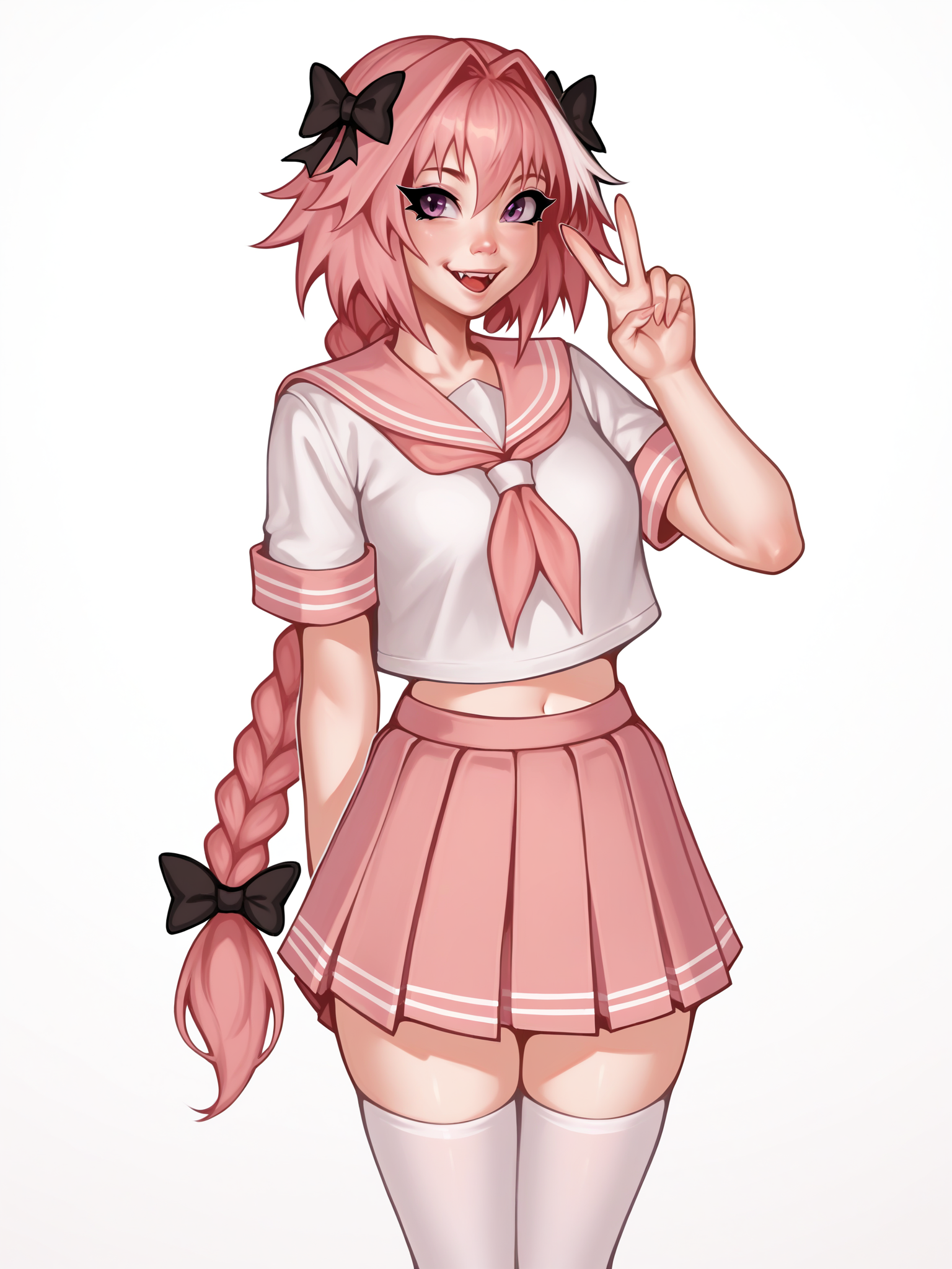 score_9, score_8_up, score_7_up, score_6_up, score_5_up, score_4_up, rating_safe
BREAK
astolfo \(fate\), otoko no ko, pink hair, braid,
BREAK
solo, standing, pink serafuku, white shirt, pink thighhighs, pink skirt, peace sign,
BREAK
white background, <lora:Lunas-GreenuCorm-SDXL-A1:1>