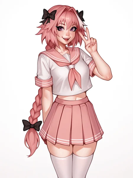 score_9, score_8_up, score_7_up, score_6_up, score_5_up, score_4_up, rating_safe
BREAK
astolfo \(fate\), otoko no ko, pink hair, braid,
BREAK
solo, standing, pink serafuku, white shirt, pink thighhighs, pink skirt, peace sign,
BREAK
white background, <lora:Lunas-GreenuCorm-SDXL-A1:1>