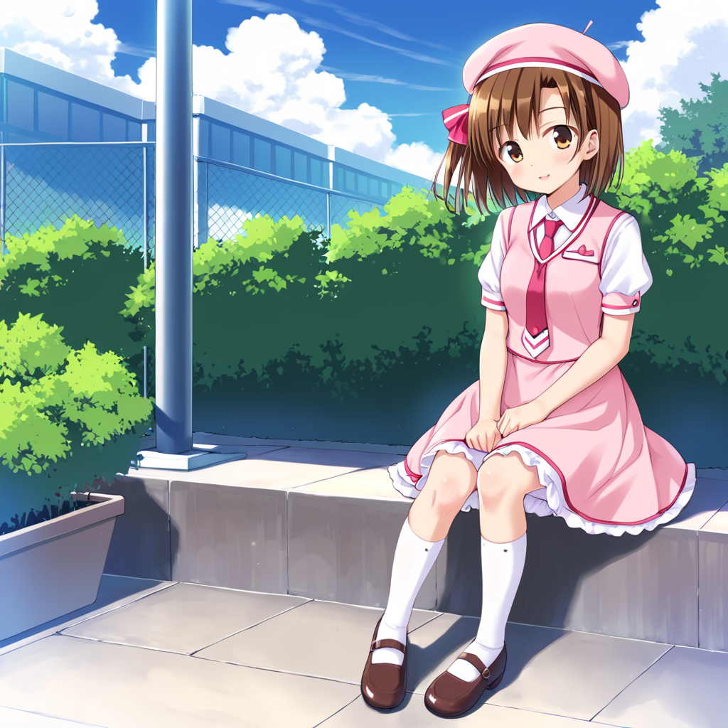 outdoors,  <lora:Amatsuka_Sakura_IS:1> amatsukasakura, 1girl, solo, brown hair, short hair, brown eyes, necktie, pink headwear, pink hat, beret, pink dress, white vest, necktie, dress, short sleeves, shoes, brown footwear, mary janes