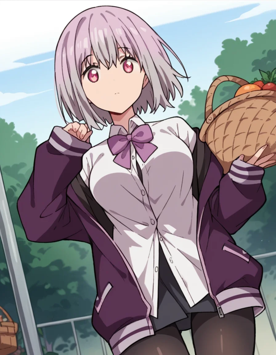 score_9, score_8_up, score_7_up, source_anime, <lora:akane-shinjou-s1-ponyxl-lora-nochekaiser:1>, akane shinjou, light purple hair, pink eyes, short hair, large breasts,, black pantyhose, bow, collared shirt, hood, hooded jacket, jacket, open clothes, open jacket, open shirt, pantyhose, purple bow, purple jacket, school uniform, shirt, sleeves past wrists, unbuttoned shirt, white shirt,, farmers market, fresh produce, local vendors, baskets, sunny day, community, , looking at viewer, elbow up, foot forward, hand on chin, solo,, cowboy shot, dutch angle