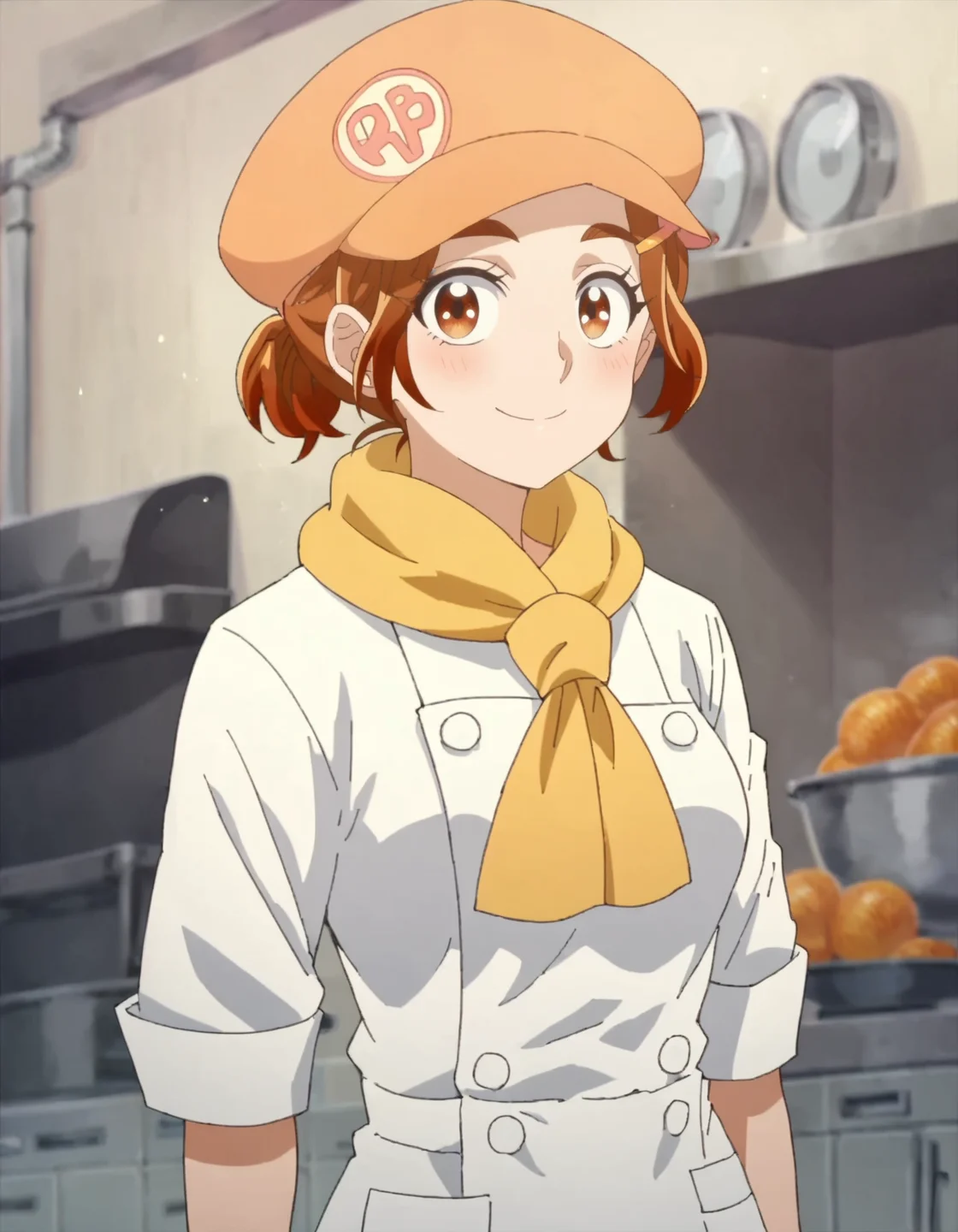 score_9, score_8_up, score_7_up, 1girl, solo, anime screencap, 1girl, solo,hyuugasaki, jewelry, hair ornament, smile, looking at viewer, shirt, hairclip,cabbie hat,chef,yellow scarf ,cowboy shot,medium breasts,blush, <lora:hyuugasaki:0.8>