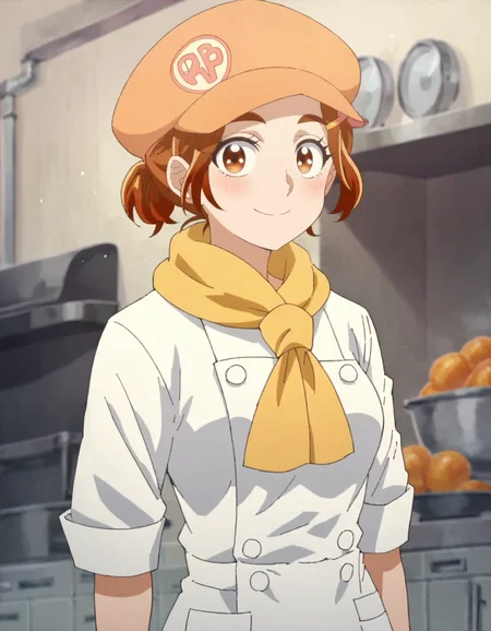 score_9, score_8_up, score_7_up, 1girl, solo, anime screencap, 1girl, solo,hyuugasaki, jewelry, hair ornament, smile, looking at viewer, shirt, hairclip,cabbie hat,chef,yellow scarf ,cowboy shot,medium breasts,blush, <lora:hyuugasaki:0.8>