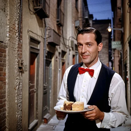 <lora:dmd2_sdxl_4step_lora_fp16:1>
waiter in an alley, 1940s, movie still, vintage, technicolor, classic film, cinematic, Hollywood, golden age of cinema, retro, motion picture