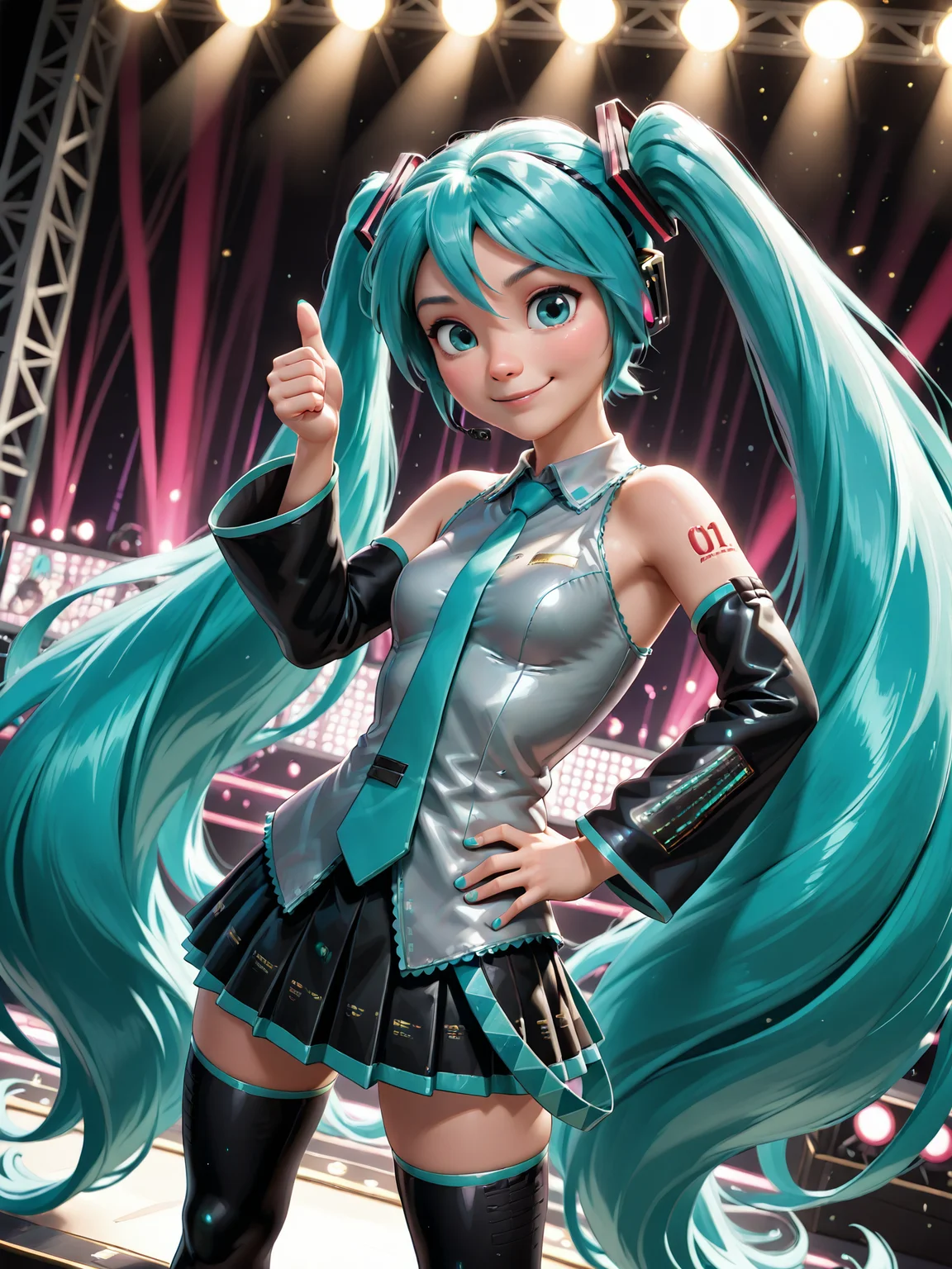 <lora:princess_rc_il:0.8>, 1girl, solo, hatsune_miku, looking at viewer, pose, smile, thumbs up, hand on hip, stage, lightshow, dynamic angle, highres