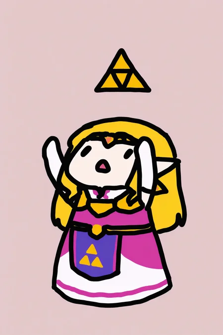 masterpiece, best quality, 1girl, solo <lora:ootzelda-illu-nvwls-v1-000006:1> ocarzld, blonde hair, long hair, sidelocks, pointy ears, gold tiara, earrings, gold armor, shoulder armor, long dress, white dress, magenta tunic, sleeveless tunic, tabard, elbow gloves, white gloves <lora:style_walfie_illustriousXL-GLoRA:1> chibi, simple background, arms up, open mouth, looking up, floating triforce above head