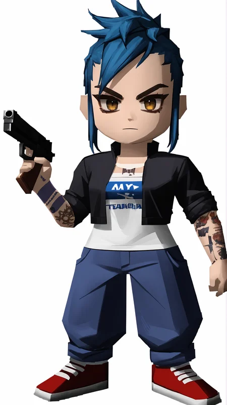 <lora:Sydney:0.8>, tomboy, Sydney, Payday 2, 1girl, blue hair, mohawk, long side burns, tattoo, holding gun, <lora:zs_FFVIIChibisXL_1:0.8> ffviichibis, chibi, standing, full body,, score 9, score 8 up, score 7 up, score 6 up, score 5 up, score 4 up,