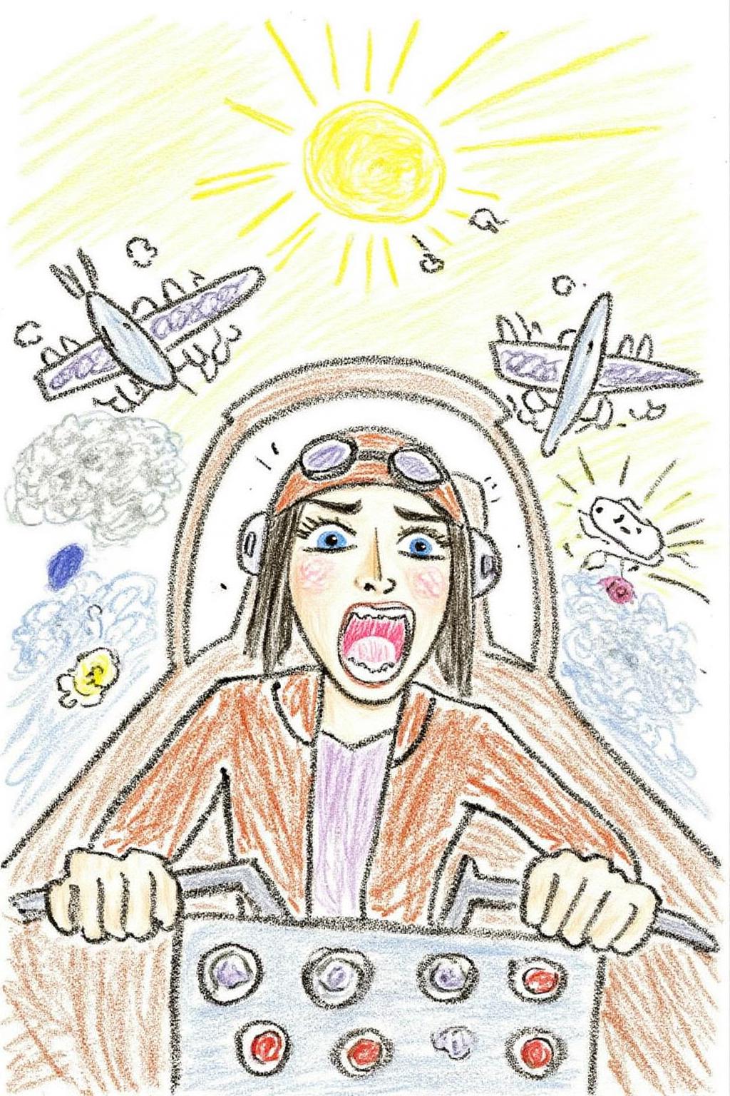 This is a colorful, whimsical drawing, depicting a simple, childlike illustration of a female pilot screaming inside the cockpit of a World War II bomber. The pilot, wearing a vintage leather flight helmet with goggles and a bomber jacket, grips the controls with white-knuckled hands. Her face is contorted in a mix of fear and determination as she yells, her eyes wide with adrenaline. The cockpit is cramped and filled with old-fashioned dials and gauges, with the outside view showing dark stormy clouds and distant anti-aircraft fire <lora:5yocrayon1_cap_d6a3e12:1.0><lora:822099046165577028:0>