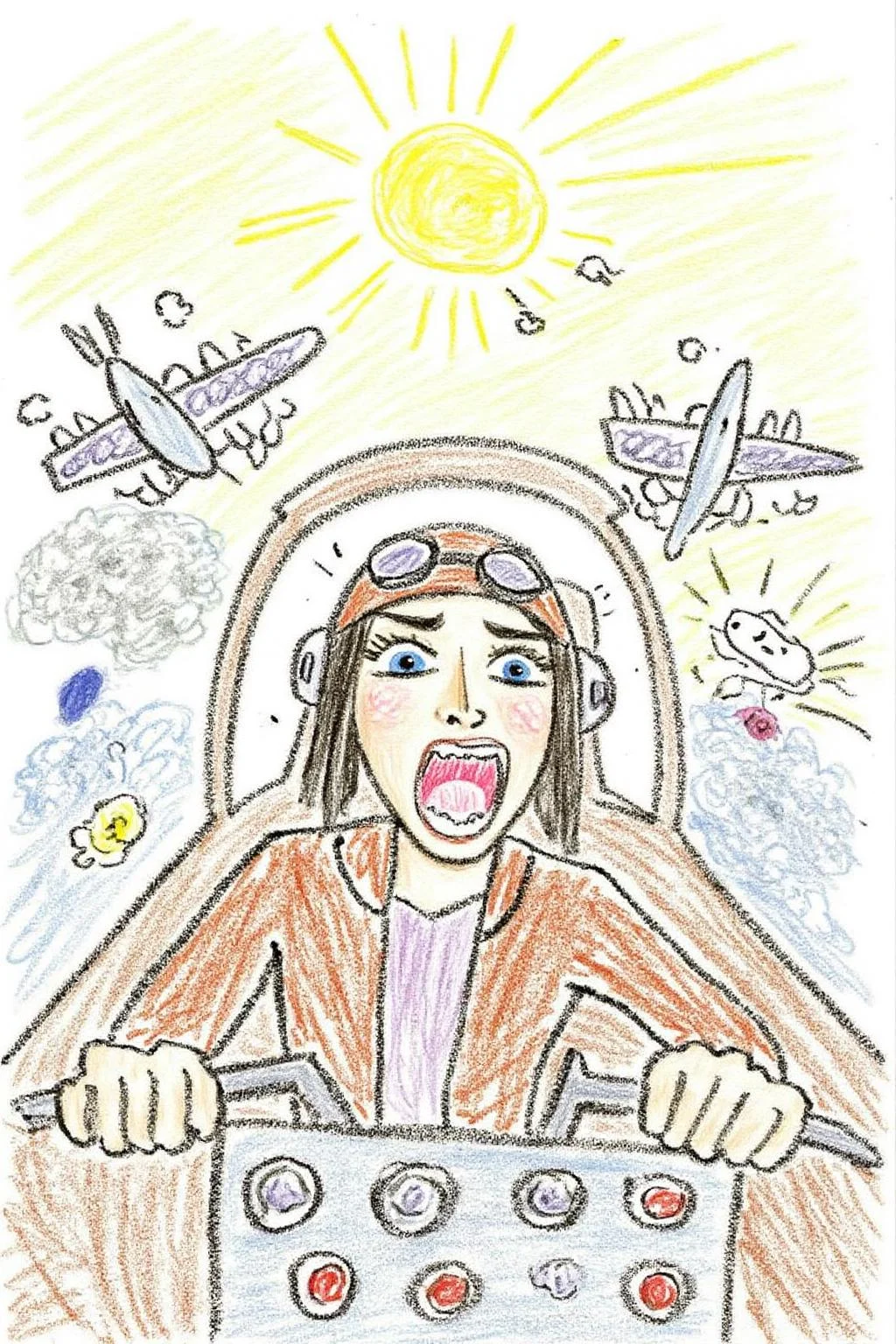 This is a colorful, whimsical drawing, depicting a simple, childlike illustration of a female pilot screaming inside the cockpit of a World War II bomber. The pilot, wearing a vintage leather flight helmet with goggles and a bomber jacket, grips the controls with white-knuckled hands. Her face is contorted in a mix of fear and determination as she yells, her eyes wide with adrenaline. The cockpit is cramped and filled with old-fashioned dials and gauges, with the outside view showing dark stormy clouds and distant anti-aircraft fire <lora:5yocrayon1_cap_d6a3e12:1.0><lora:822099046165577028:0>