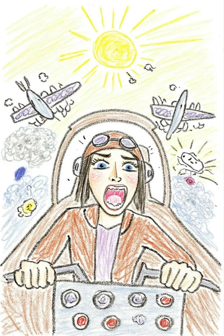 This is a colorful, whimsical drawing, depicting a simple, childlike illustration of a female pilot screaming inside the cockpit of a World War II bomber. The pilot, wearing a vintage leather flight helmet with goggles and a bomber jacket, grips the controls with white-knuckled hands. Her face is contorted in a mix of fear and determination as she yells, her eyes wide with adrenaline. The cockpit is cramped and filled with old-fashioned dials and gauges, with the outside view showing dark stormy clouds and distant anti-aircraft fire <lora:5yocrayon1_cap_d6a3e12:1.0><lora:822099046165577028:0>