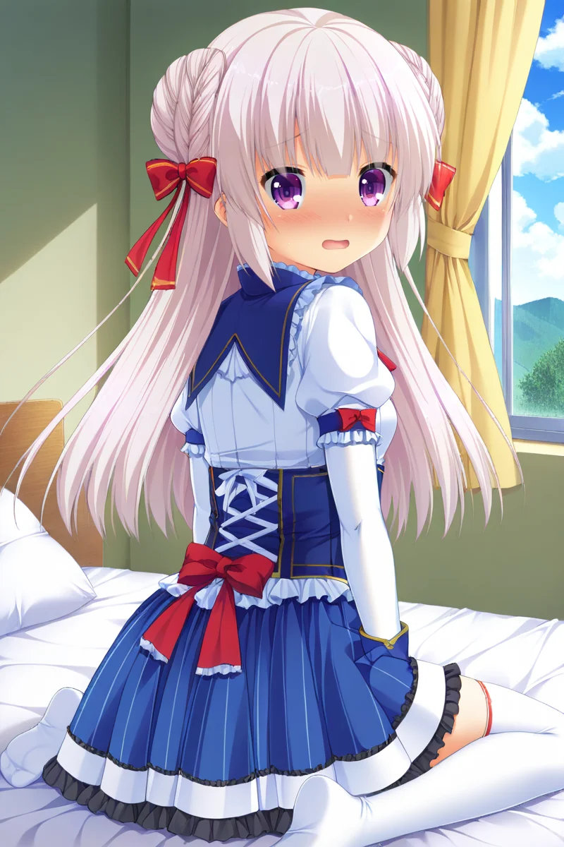 masterpiece,best quality,amazing quality,highres,scenery,newest,1girl,official style,caminalle,long hair,purple eyes,bangs,caminalle school,double bun,long sleeves,hair bun,braid,shirt,bow,red bow,white shirt,puffy sleeves,bangs,frills,skirt,hair ribbon,ribbon,very long hair,striped,blue skirt,short over long sleeves,thighhighs,white thighhighs,<lora:GoldenLoveriche-caminalle-V1:1>,bedroom,bed,wariza,soles,from behind,looking at viewer,shy,open mouth,window,day,cloud,