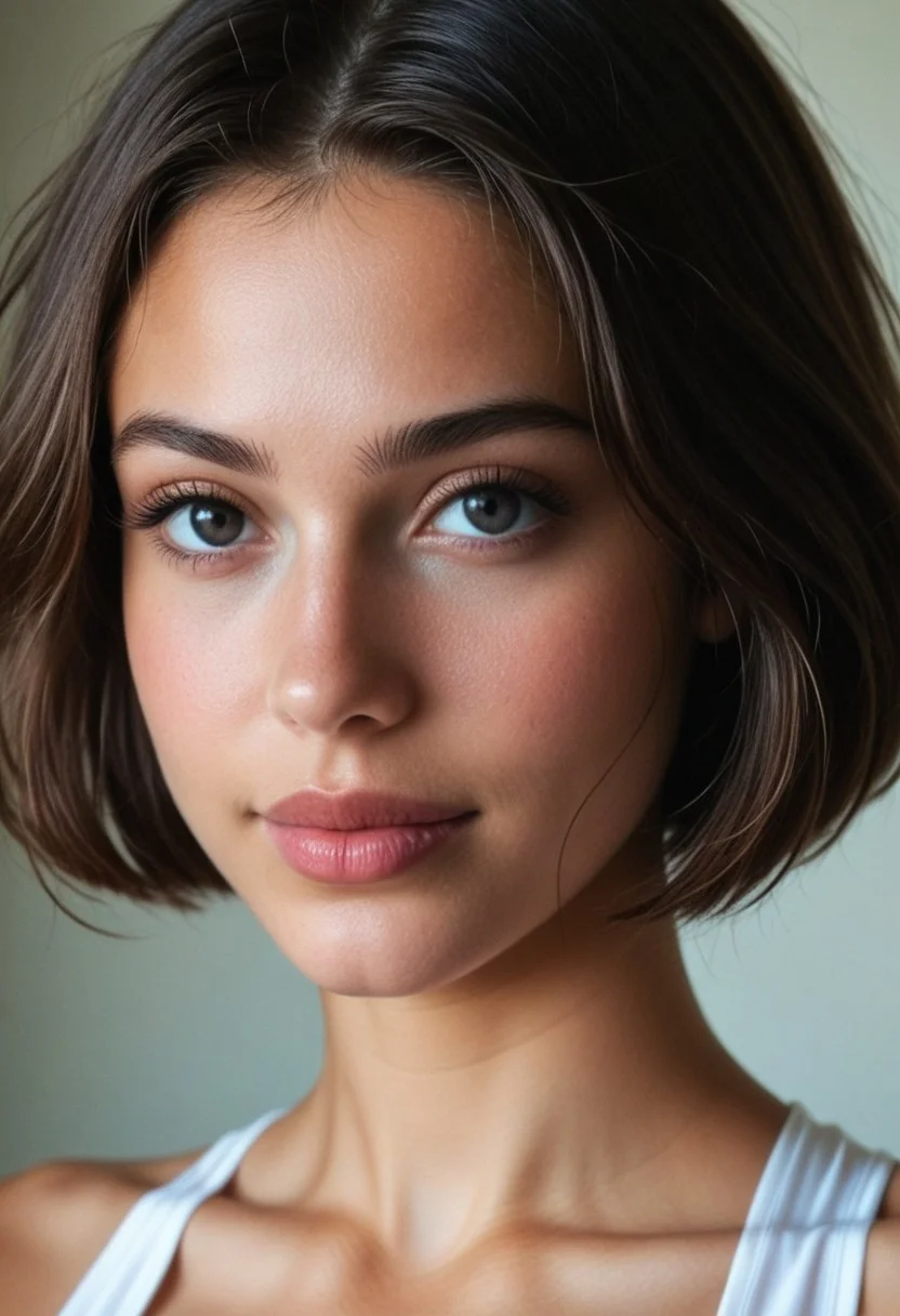 1girl,(masterpiece:1.2), (best quality:1.2), (extremely detailed), (extremely detailed face), (ultra detailed), 8k, photorealistic, cinematic lighting,black hair, black eyes, portrait photo, nikon RAW photo, 8k ,Fujifilm XT3, photorealistic, detailed face, fair skin, perfect shape, dim lighting, sexy hips, ((dynamic pose:1.4)),, (big sexy lips), thin_waist, (meaty_thighs:1.2), (transparent turtleneck), ((low waist pantyhose)), ((modern ART STYLE:1.3)), POP ART STYLE, ART STYLE, half body shot, film grain,depth of field,ferrania p30 film,shadows,35mm photo, grainy, vignette, vintage, ferrania p30 film,shadows,natural saggy breast, (nipples protrude:0.5), wide hips, bob cut, happy