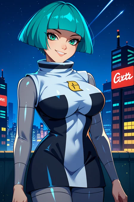 score_9, score_8_up, score_7_up, score_6_up, source_anime, 1girl, solo, <lora:pkmntgg-pdxl-nvwls-v1-000005:1> pmtgg, cyan hair, short hair, blunt bangs, green eyes, black and white dress, two-tone dress, grey bodysuit, bodysuit under clothes, grey pants, large breasts, looking at you, upper body, night sky, city, night, smile, portrait