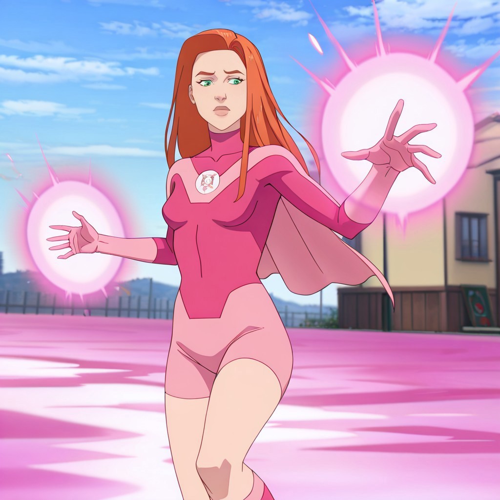 safe_pos, masterpiece, best quality, newest, absurdres, highres, 1girl, AT0Meve-INVPACK-JustEve.V1.0, redhead, long hair, ginger, orange hair, green eyes, AT0Meve-INVPACK.V1.0-Superherooutfit, pink bodysuit, superhero, cape, short cape, leotard, gloves, knee boots, pink footwear boots, AT0Meve-powers, magic, pink magic,