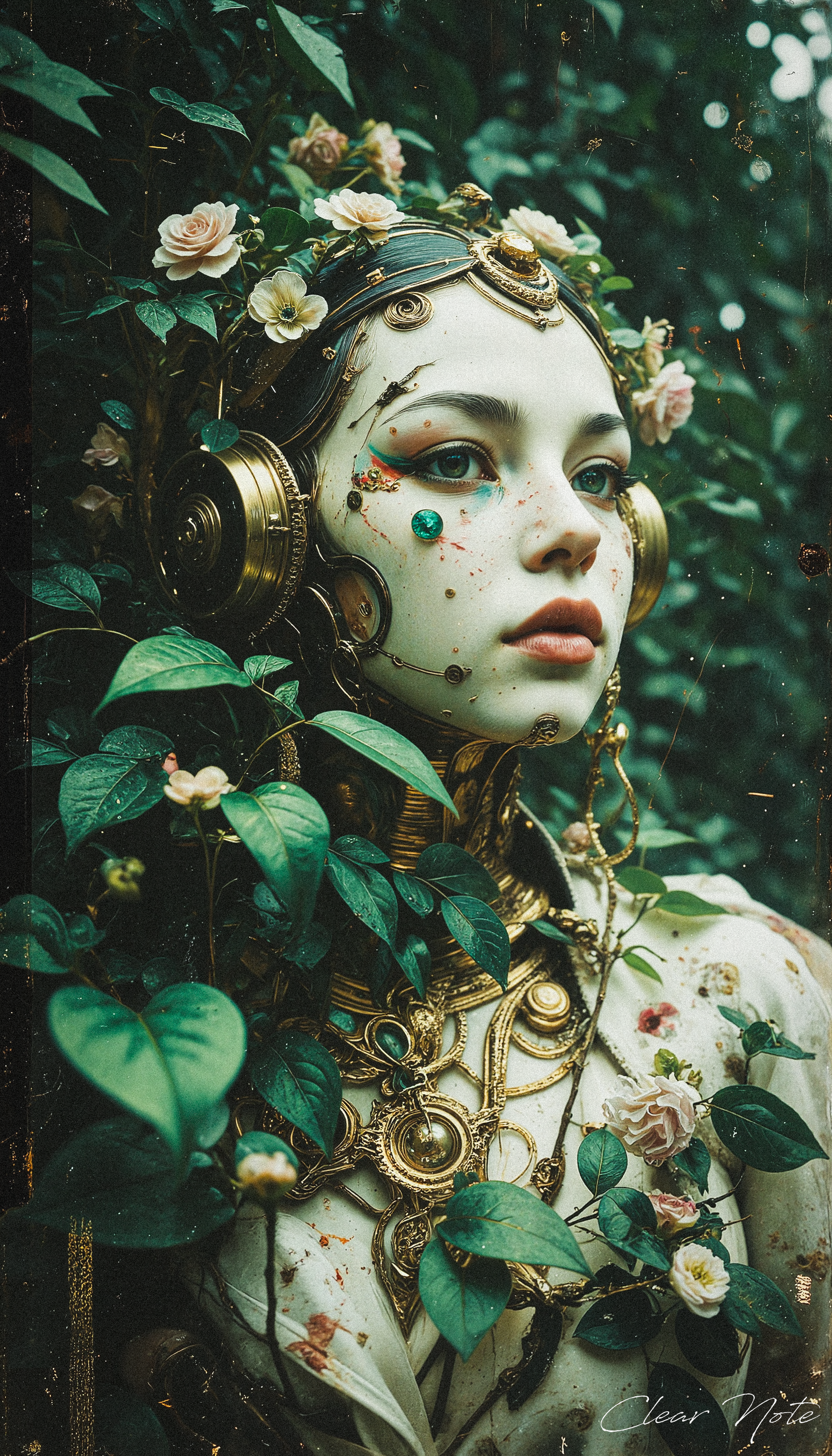 A flawlessly crafted white cyborg, adorned with cascading vines and blooming flowers, stands as a sublime fusion of nature and technology, radiating elegant mystique.