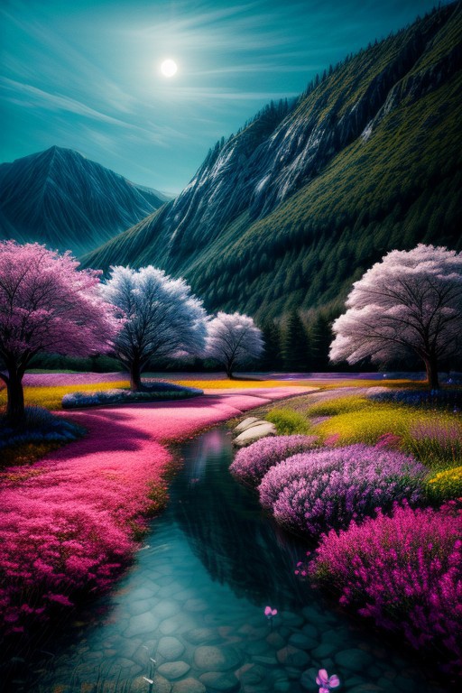 awards winning photography, trending on art station, masterpiece, best quality, ultra-detailed, realistic, 8k, a small hut on the very distant,, one pine tree, flowers fields, many kinds of flowers, a couple of deer on very distant, lakes, meadows, glitter, moonlight,  Crystal landscape, Crystal flowers, Crystal fantastic, out-of-this-world scenery, lifelike, naturalism, greatest naturalism photo, immaculate detailed realism photography, rich colors, best colors perfect composition, perfect colors, colorful, clear photo, intrigue nature panorama, delicate nature photo, immaculate micro-details nature elements, Crystal landscape, Crystal flowers, Crystal fantastic, out-of-this-world scenery, prettiest, breathtaking beautiful, nature, super delicate photo, surreal, insanely lifelike, top best naturalism photography, greatest detailed, intricate details, depth of field, naked nature, porn nature, (no human:1.6),