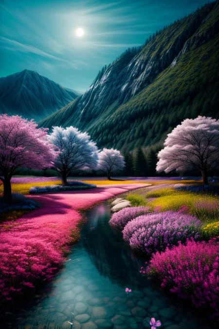 awards winning photography, trending on art station, masterpiece, best quality, ultra-detailed, realistic, 8k, a small hut on the very distant,, one pine tree, flowers fields, many kinds of flowers, a couple of deer on very distant, lakes, meadows, glitter, moonlight, Crystal landscape, Crystal flowers, Crystal fantastic, out-of-this-world scenery, lifelike, naturalism, greatest naturalism photo, immaculate detailed realism photography, rich colors, best colors perfect composition, perfect colors, colorful, clear photo, intrigue nature panorama, delicate nature photo, immaculate micro-details nature elements, Crystal landscape, Crystal flowers, Crystal fantastic, out-of-this-world scenery, prettiest, breathtaking beautiful, nature, super delicate photo, surreal, insanely lifelike, top best naturalism photography, greatest detailed, intricate details, depth of field, naked nature, porn nature, (no human:1.6),