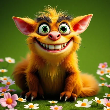 The image shows an exaggerated, cartoon-like creature with large green eyes, sharp teeth, and a wide, mischievous smile. It has a yellowish-brown fur coat, long whiskers, and sharp claws, with a bushy tail. The setting is a simple flowers green background.  highly detailed, high contrast, film grain, Rim Lighting, absurdres, amazing quality,,solo, smile, simple background, animal ears, sitting, tail, full body, teeth, cat ears, grin, cat tail, no humans, cat, sharp teeth, black background, claws, outline, green theme,realistic,, rich vivid colors, fertile, professional creative, dynamic cinematic perfect background, very coherent 