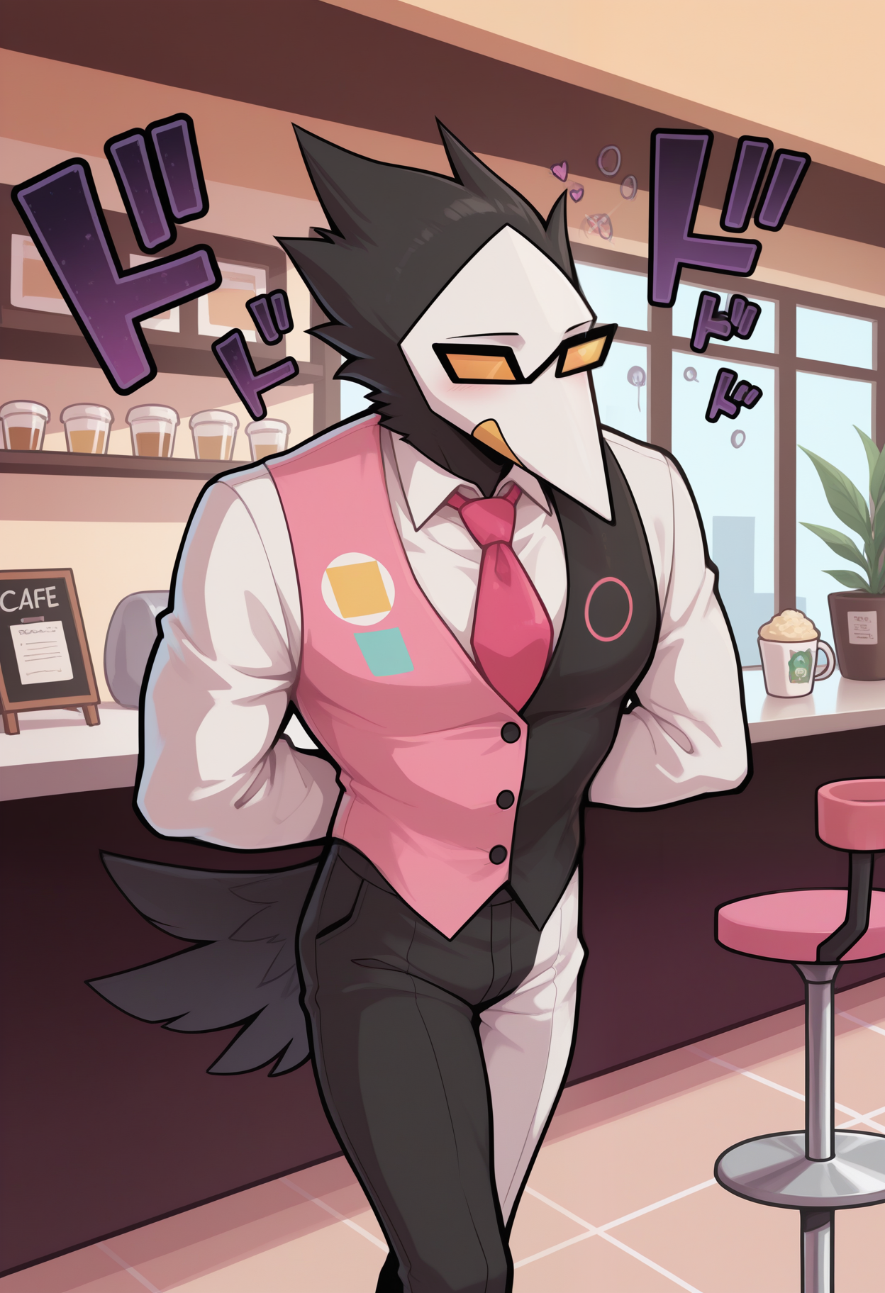 masterpiece,best quality,amazing quality, 1boy, solo, sw4tch, bird boy, mask, pink tie, heterochromatic glasses, black tailcoat, black pants, tail, menacing_\(meme\), 
cafe,