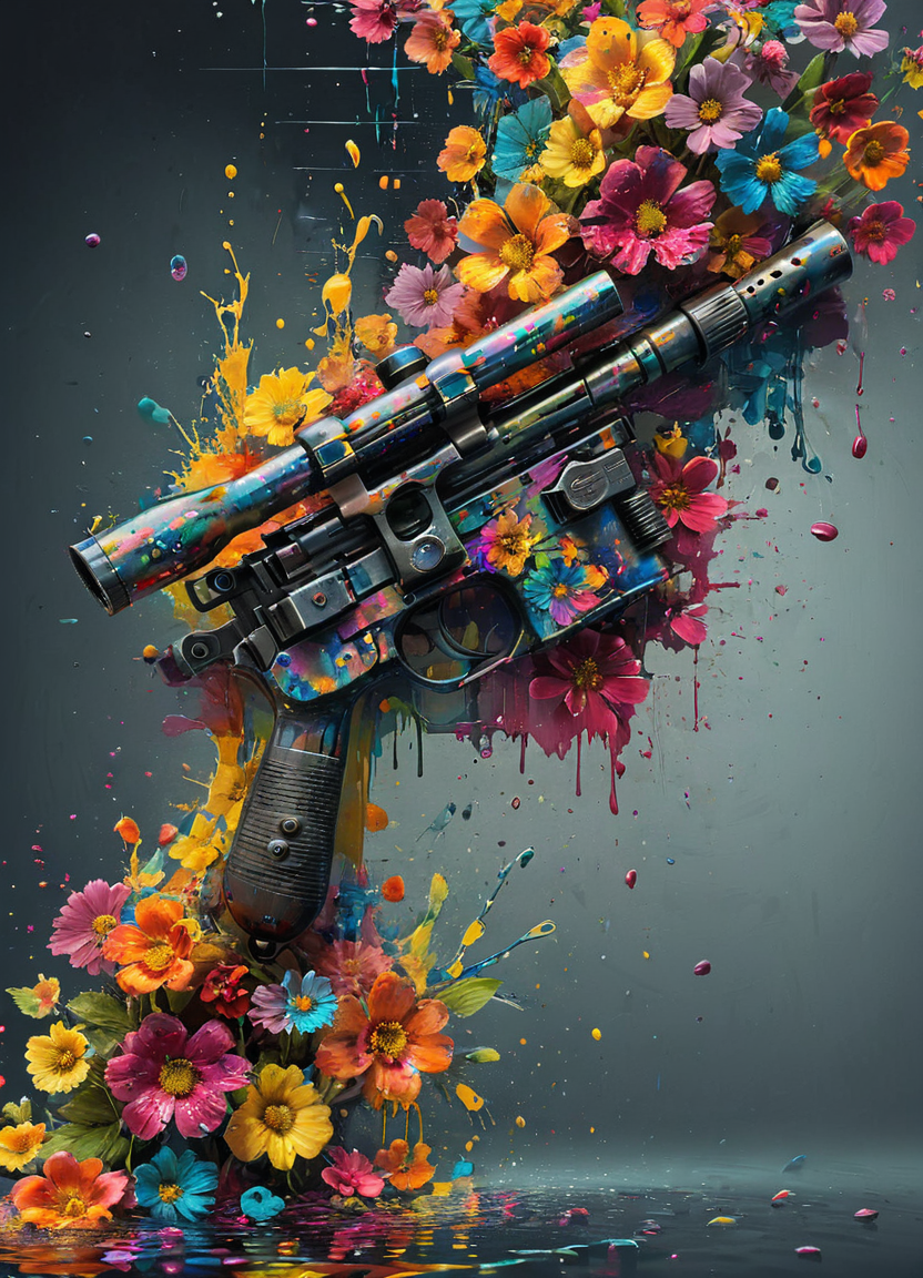 advertsing add for a dl44blstr gun in action, highly detailed, cinematic, colorful, splashing, reflections, flowers
 <lora:ArtfullyME_SDXL__v1:0.8> Artme <lora:Blastech_DL-44_Heavy_Blaster_Pistol_SDXL:0.8> dl44blstr