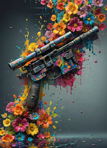 advertsing add for a dl44blstr gun in action, highly detailed, cinematic, colorful, splashing, reflections, flowers
 <lora:ArtfullyME_SDXL__v1:0.8> Artme <lora:Blastech_DL-44_Heavy_Blaster_Pistol_SDXL:0.8> dl44blstr