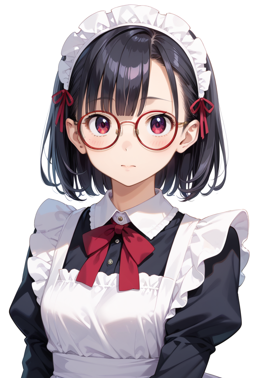 score_9, score_8_up, score_7_up, rating_safe, masterpiece, best quality, absurdres, unity 8k wallpaper, official art, official style, source_anime, uncensored, game cg, megami magazine,
1girl, solo, black hair, medium hair, upper body, covered eyes,maid, maid headdress, black dress, maid apron,
g-boston19A, glasses, simple background, white background, red-framed eyewear, upper body, face focus,
<lora:glasses_boston19A_PONY_V1:1>