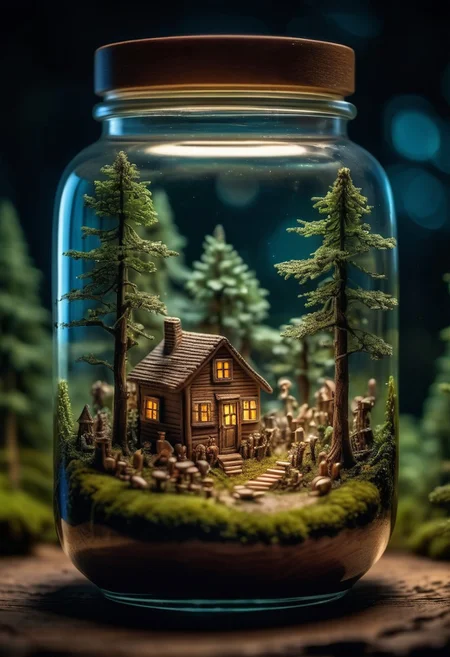 small wood forest world, inside a beautiful jar, illuminated miniature forest, depth of field, hyperdetailed photography, shot at night, 8K, award winning photo, amazing wallpaper, OverallDetailXL