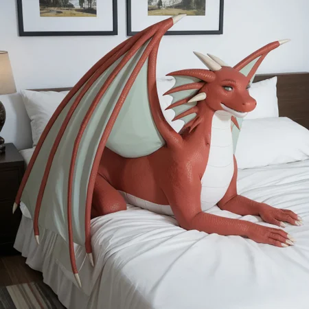 core_9, score_8_up, score_7_up, score_6_up, masterpiece, high quality, realistic, detailed, best quality, 1girl, solo, rating_safe, source_furry, bedroom, smiling, seductive, looking at viewer, lying on bed, negative_hand, lying on bed, Adine_awsw, Amelia_awsw, dragon, red scales, wings, horns, female, 1girl, full body