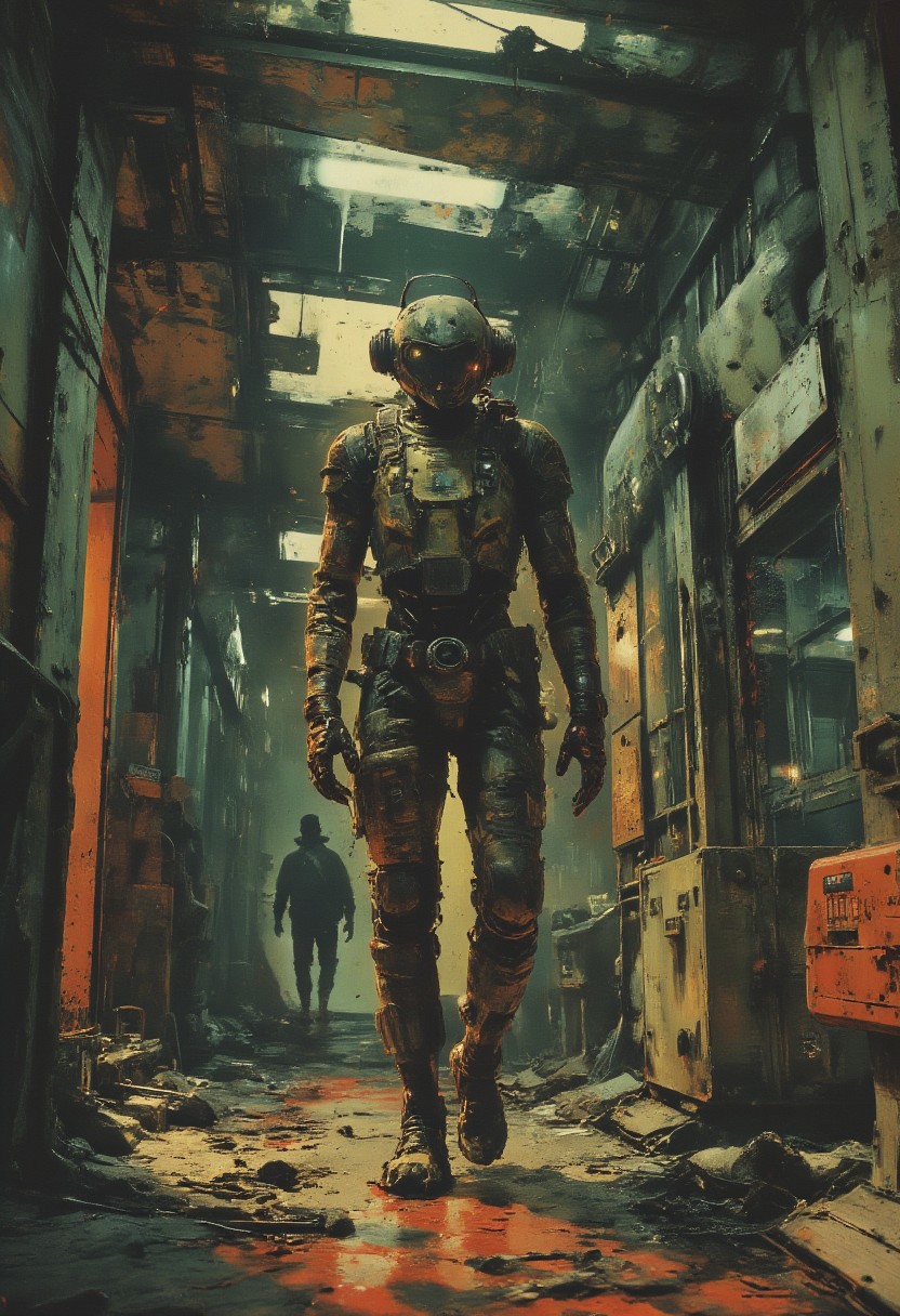 Vintage Sci-fi, A soothing photo of a military robot walking the dimly lit corridors of a spacecraft. An astronaut dressed in brightly colored spacesuits is following the robot.