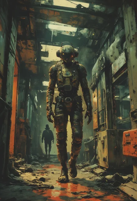 Vintage Sci-fi, A soothing photo of a military robot walking the dimly lit corridors of a spacecraft. An astronaut dressed in brightly colored spacesuits is following the robot.