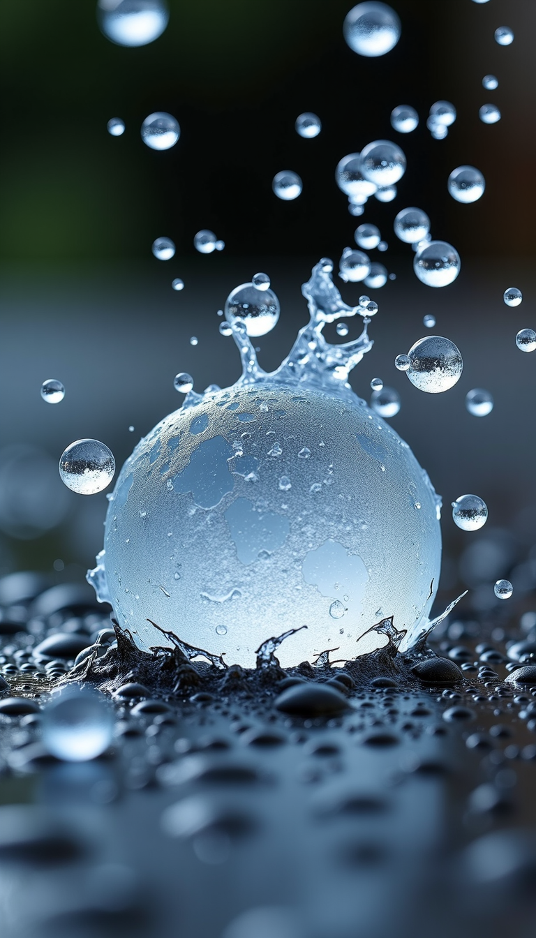 Extreme close-up of a small hailstone in the split second after it hits a hard surface. The hailstone is captured mid-break, with sharp ice fragments scattering in all directions. Some pieces are already airborne, trailing behind with very fine, clear motion blur that conveys a sense of speed. The impact point on the surface is slightly dented, adding to the feeling of force. The texture of the ice is highly detailed, showing splintered edges and tiny cracks, contrasting against the dark, wet surface below.
