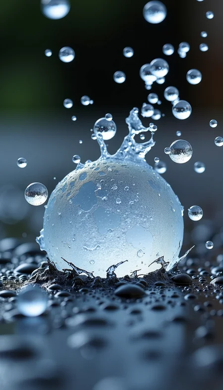 Extreme close-up of a small hailstone in the split second after it hits a hard surface. The hailstone is captured mid-break, with sharp ice fragments scattering in all directions. Some pieces are already airborne, trailing behind with very fine, clear motion blur that conveys a sense of speed. The impact point on the surface is slightly dented, adding to the feeling of force. The texture of the ice is highly detailed, showing splintered edges and tiny cracks, contrasting against the dark, wet surface below.