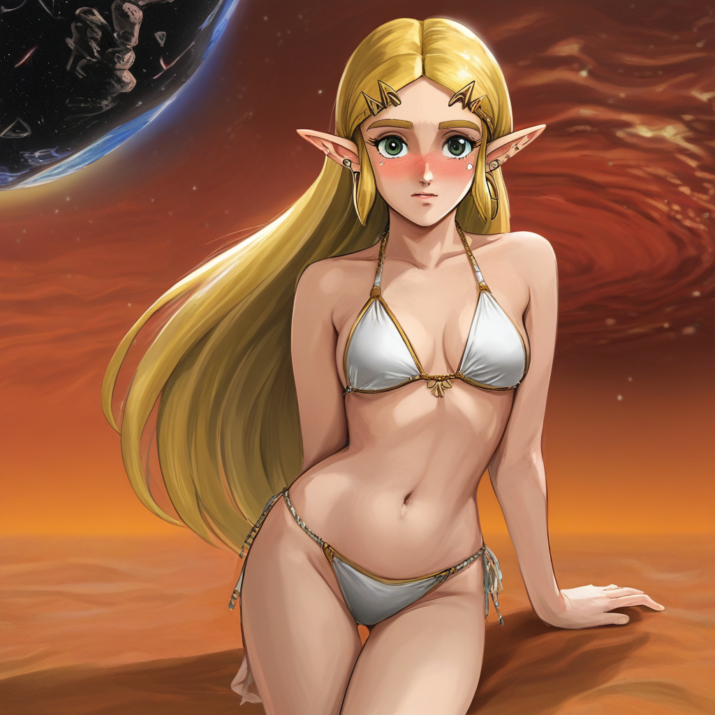 source_hentai, score_9, score_7_up, (R3TR0SC1F1), retro_artstyle, science_fiction, BREAK, Princess Zelda, long hair, (blonde hair), green eyes, perfect eyes, eyelashes, blonde eyebrows, blush, looking at viewer, rating_explicit, 1girl, solo, mole under eye, mole on thigh, earrings, navel, swimsuit, hoop, earrings, bikini, detailed background, space, earth_(planet)
