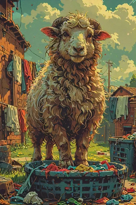 a sheep doing laundry?! colorful, concerning development, <lora:- SDXL - vanta-black_contrast_V3.0:0.8> <lora:Futuristic_Retro_Vibes:0.7>
