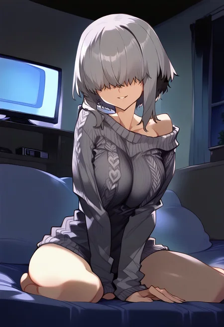 score_9, score_7_up BREAK by baffu, 1girl, ynguzk, medium breasts, soft breasts, (covered eyes:1.4), eye covering bangs, short hair with long locks, grey hair, grey sweater, (knitted sweater:1.2), sexy, cute, small smile, seductive, bed, on bed, bedroom, (beige walls:1.2), bookshelf, manga on floor, messy bedroom, tv, game console, television light, backlighting, lowkey lighting, night, dark, Low-key lighting, television,