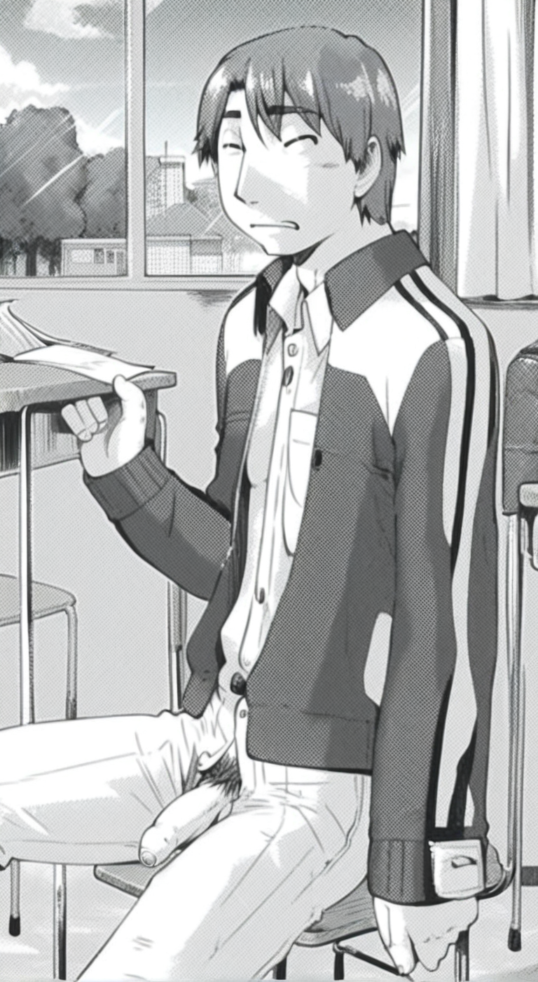 score_9, score_8_up, score_7_up, 1boy, solo, male focus, official artstyle, monochome, highly detailed, perfect composition, 4k, source_anime, anime screencap, masterpiece, best quality, amazing quality, very aesthetic, absurdres, newest, scenery, perfect eyes, ultra detailed, good shading, male focus, 1boy, solo, male focus, ((monochrome)), school, classroom, teacher's desk, sitting, open fly, fly open, grinning, erect penis, erection, foreskin, pubes, satoshi mito,brown hair,short hair,fox eyes