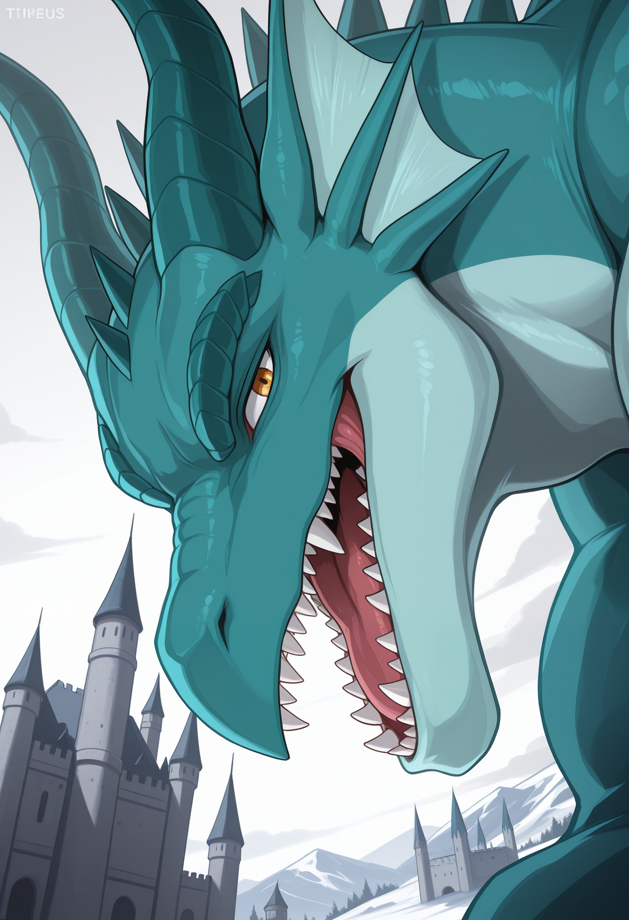masterpiece,best quality,amazing quality, 1boy, solo, t1m43us, dragon, bara, muscular male, open mouth, looking at viewer, close up, side angle, castle,