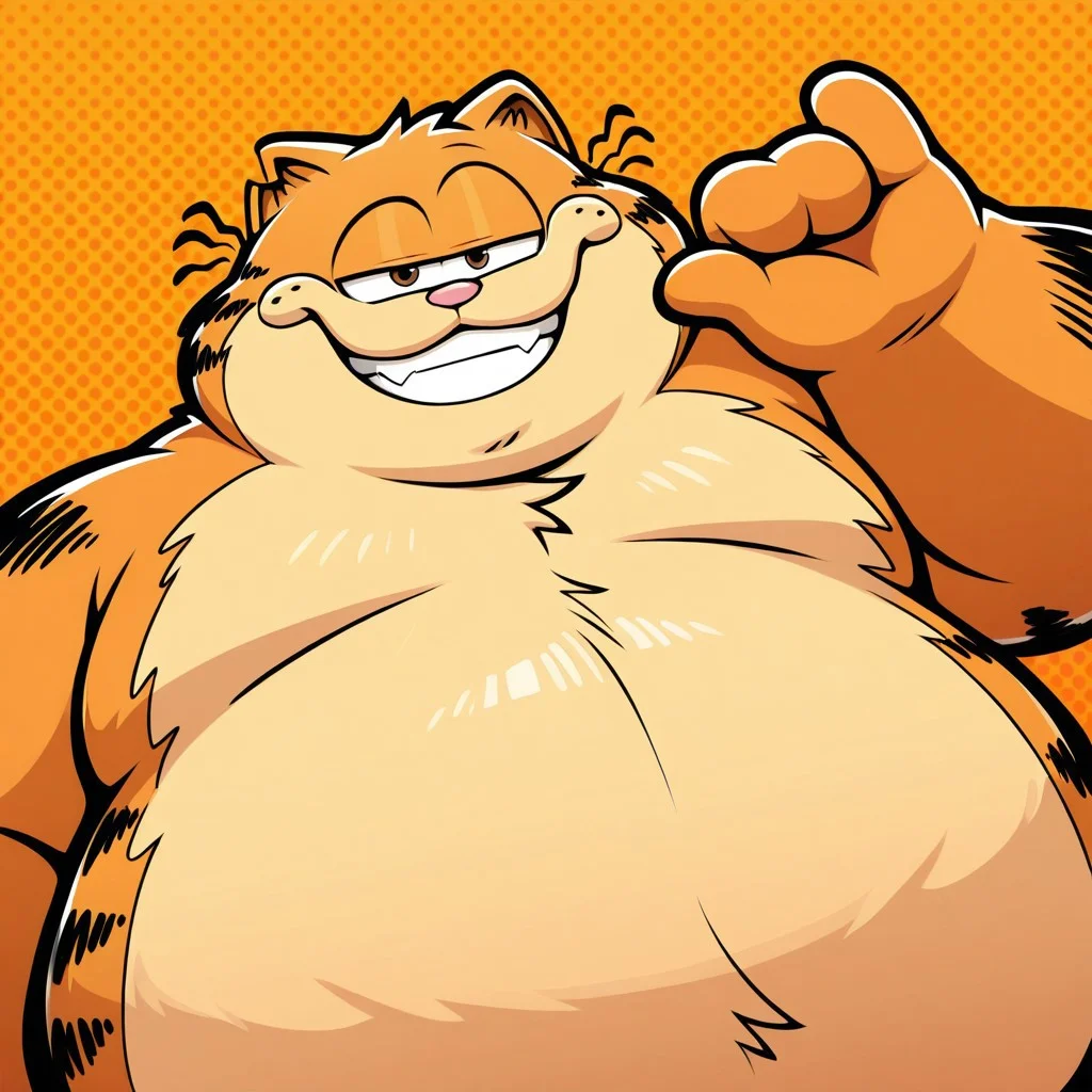 1boy, orange background, abstract background, solo, male, anthro, cat, fat, belly, thick arms, overweight, chubby, cartoon, cartoon eyes, orange fur, cream-colored fur, black stripes, big paws, short ears, cat tail, black stripes on tail, cream-colored snout, whiskers, brown eyes, pink small nose, four fingers, BREAK male focus, close-up, looking at viewer, half eyes closed, grin, pinky swear, dynamic angle, from below, hand gesture