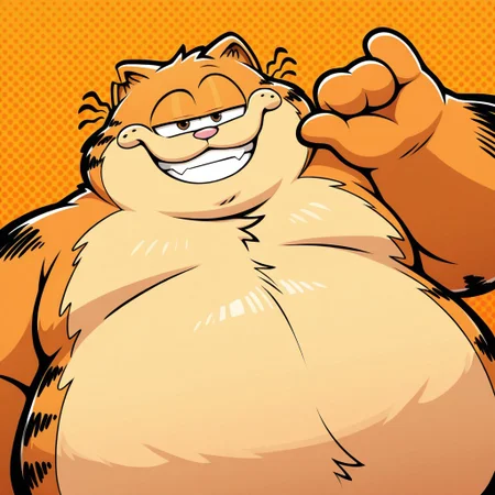 1boy, orange background, abstract background, solo, male, anthro, cat, fat, belly, thick arms, overweight, chubby, cartoon, cartoon eyes, orange fur, cream-colored fur, black stripes, big paws, short ears, cat tail, black stripes on tail, cream-colored snout, whiskers, brown eyes, pink small nose, four fingers, BREAK male focus, close-up, looking at viewer, half eyes closed, grin, pinky swear, dynamic angle, from below, hand gesture