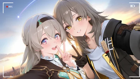 2girls, firefly \(honkai: star rail\), stelle \(honkai: star rail\), reoen, ask \(askzy\), (mery \(yangmalgage\):0.9), (modare:0.9), (as109:0.8), (wlop:0.87), dutch angle, backlighting, black gloves, black hairband, black jacket, blush, cloudy sky, couple, grey hair, long hair, long sleeves, looking at viewer, multiple girls, open mouth, viewfinder, selfie, shooting star, smile, sunset, taking picture, v, white shirt, yellow eyes, cityscape, yellow neckerchief, white theme, bloom, vignetting, cinematic, depth of field, blurry background, masterpiece, best quality, good quality, newest, highres, absurdres