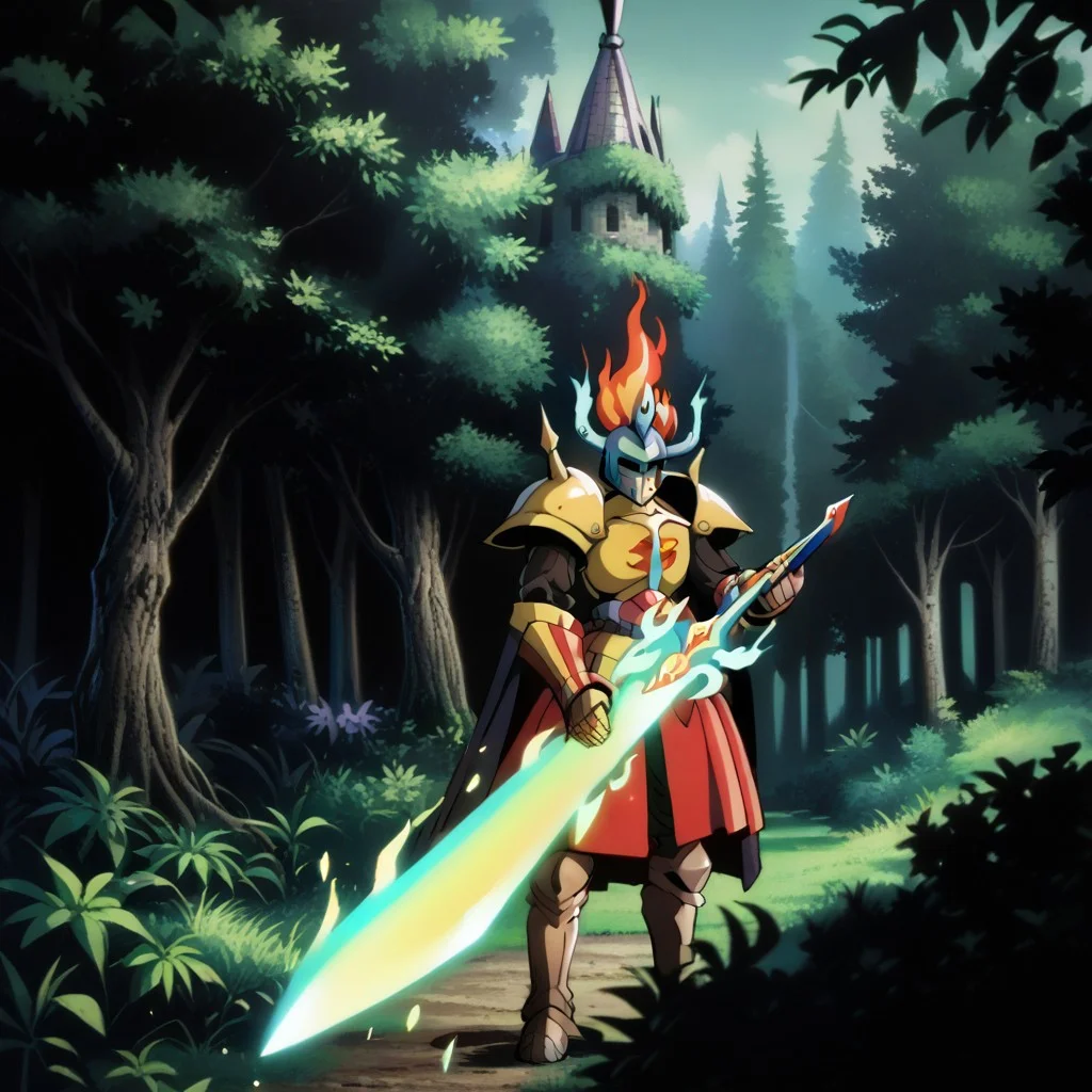 score_9, score_8_up, score_7_up, score_6_up, score_5_up, score_4_up, source_anime,NCRender,retro artstyle,outdoors,forest,knight,horned helmet,holding sword,flaming sword,blue flames
