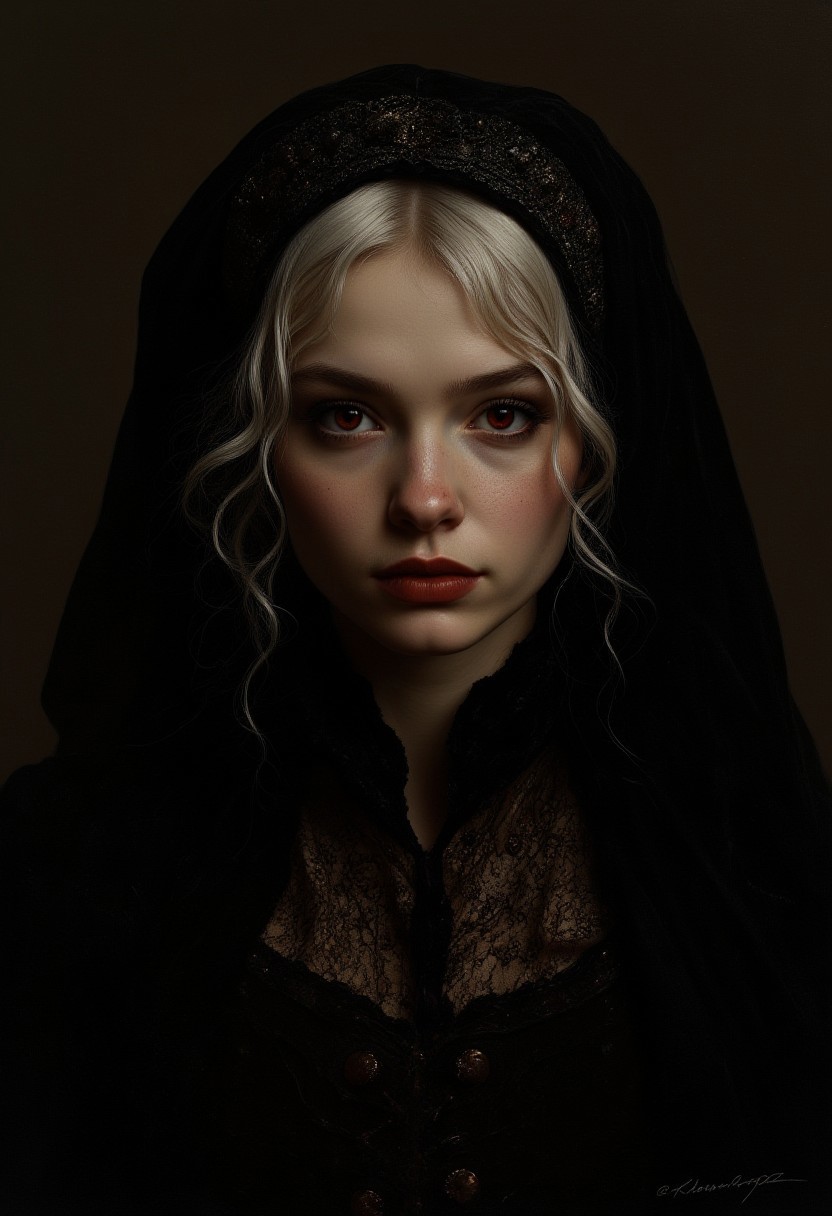 masterpiece, 8k, high details, photorealistic, epic picture,oil painting,  very high definition, upper body, white hair, gothic woman vampire, (very dark atmosphere:1.5), more horific, blood, emerges from the ivy, black worn veil, hanger face, velvet, red eyes, hair tied up, strands falling in front of face, richly embroidered clothing, terrifying, mean face, bottom view of 3/4 side, horor, in the style of frank frazetta, use light in style of luis royo