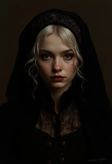 masterpiece, 8k, high details, photorealistic, epic picture,oil painting, very high definition, upper body, white hair, gothic woman vampire, (very dark atmosphere:1.5), more horific, blood, emerges from the ivy, black worn veil, hanger face, velvet, red eyes, hair tied up, strands falling in front of face, richly embroidered clothing, terrifying, mean face, bottom view of 3/4 side, horor, in the style of frank frazetta, use light in style of luis royo