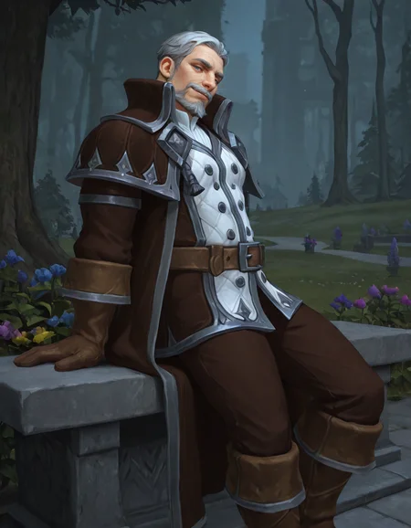 masterpiece, best quality, newest, detailed background, intricate details, male focus, realistic, solo, <lora:World of Warcraft - Genn Greymane - Illustrious-000005:0.7>, genn_g, 1boy, mature male, grey hair, very short hair, mustache, beard, blue eyes, brown overcoat, white jacket, white shirt, brown gloves, brown belt, brown pants, brown boots, outdoors, kingdom, houses, trees, , flowers, colorful plants, sitting on stone bench, from side, head tilt, looking at viewer, smirk, leaning back, contrapposto, sunny weather